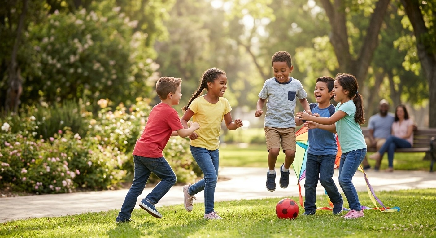Bambini allegri che giocano insieme in un parco